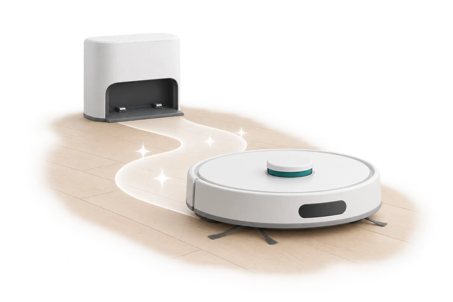 Un aspirateur robot qui rentre à sa station sur un parquet