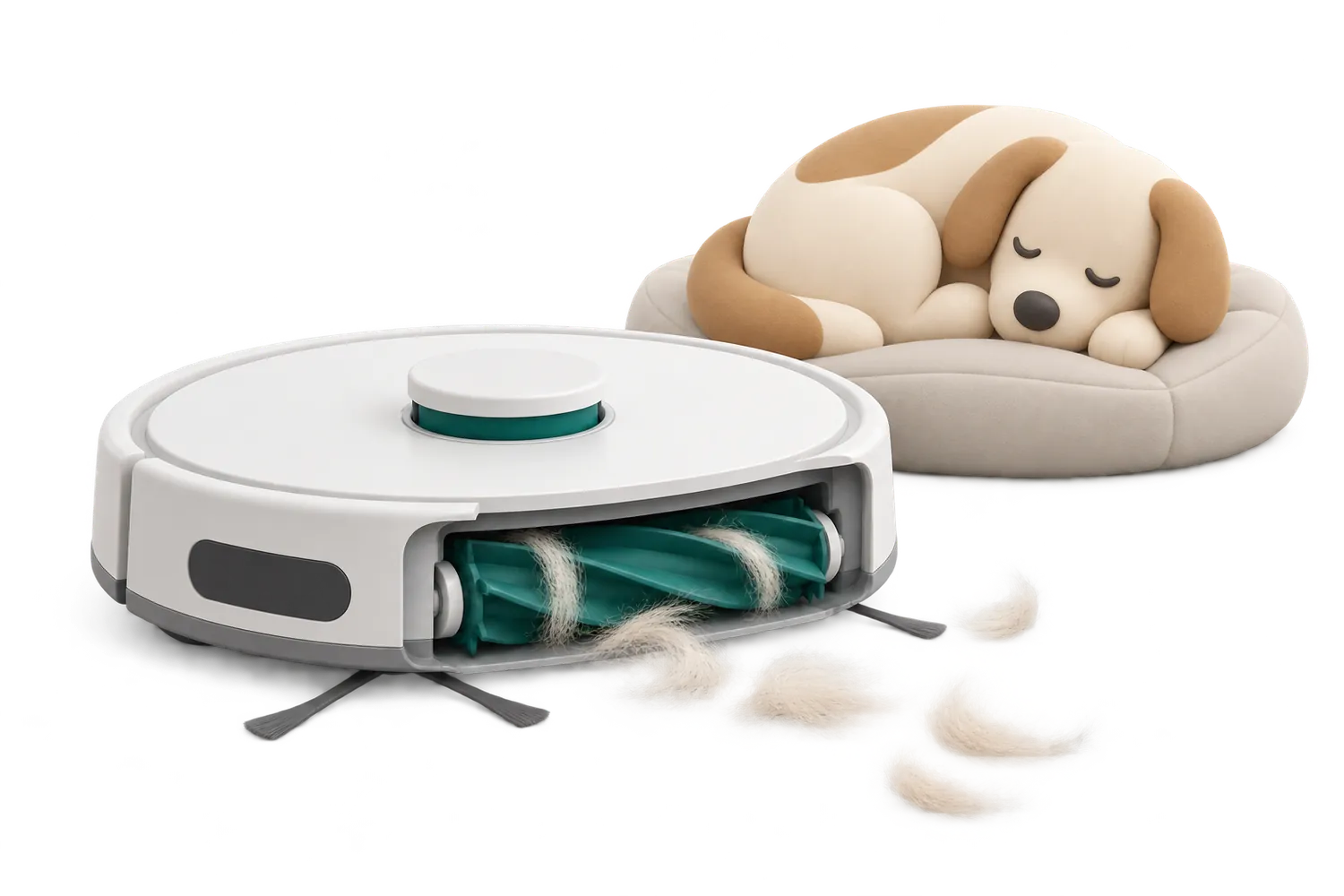 Un aspirateur robot à brosse en caoutchouc ramasse des poils près d’un chien endormi