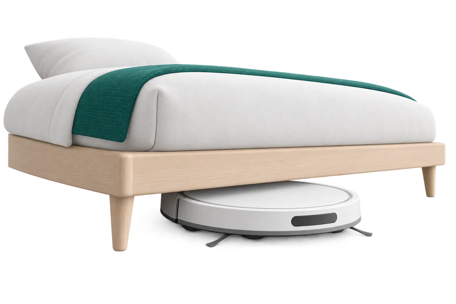 Un aspirateur robot extra-plat qui passe sous un lit bas