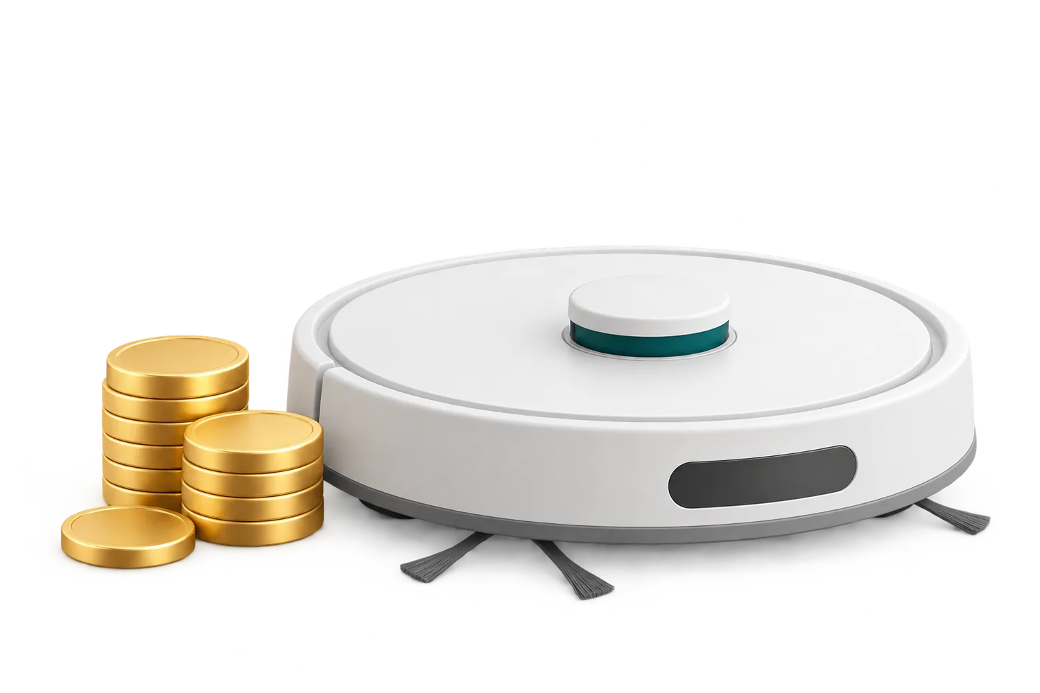 Un aspirateur robot simple sans station à côté d’une pile de pièces