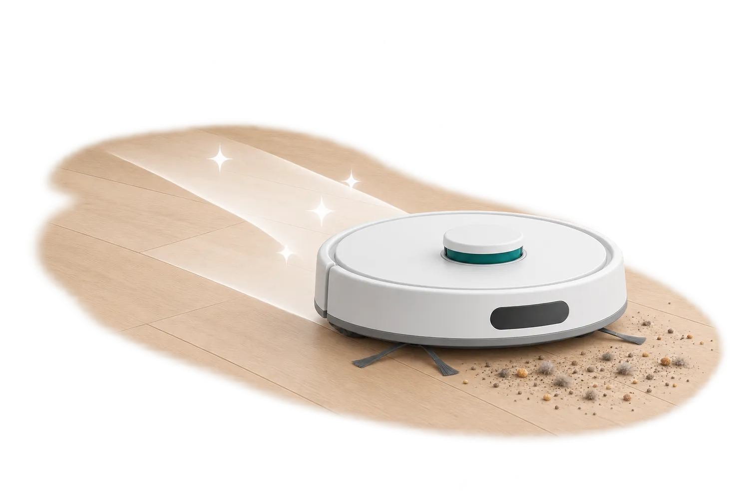 Un aspirateur robot sans serpillière qui aspire la poussière sur un parquet