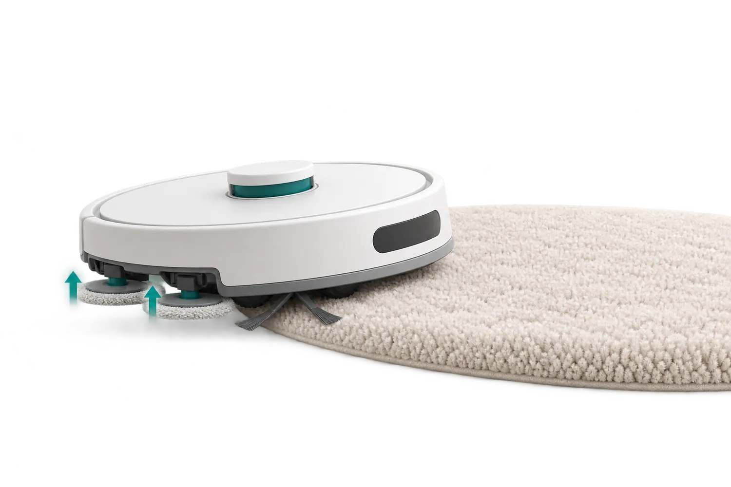 Un aspirateur robot qui relève ses serpillières en montant sur un tapis