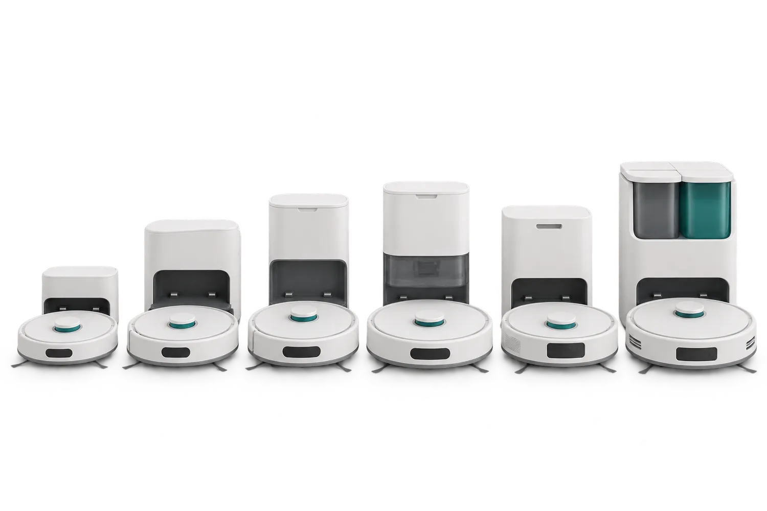 Six aspirateurs robots et leurs stations alignés pour la comparaison