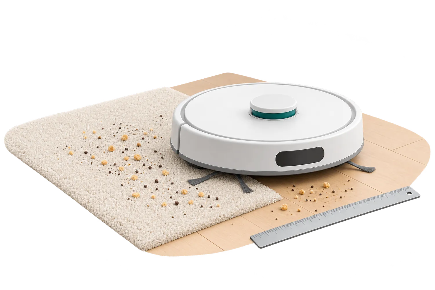 Un aspirateur robot testé sur un sol mi-tapis mi-parquet avec une règle