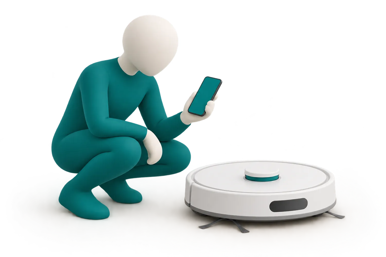 Une personne accroupie près de son aspirateur robot, son téléphone à la main